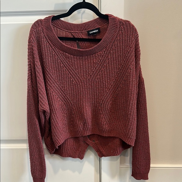2/$20 EXPRESS Cropped Red-Pink Crew Neck Sweater Textured Knit Open Back Sz Med - Picture 4 of 9